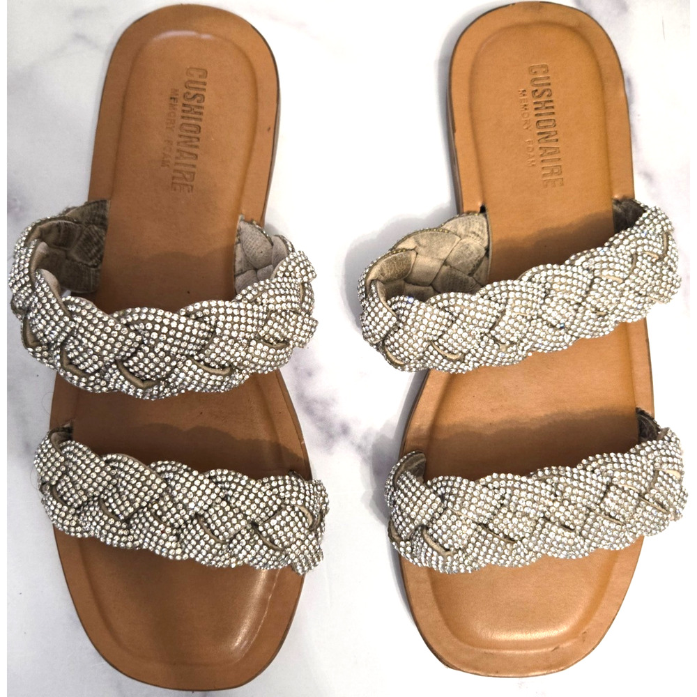 Cushionaire Rhinestone Sandals Womens 8.5 Silver Braided Sparkly Flat Shoe Slide